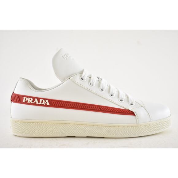 Prada Band White Red Stripe Logo Lace Up Tie Flat Low Top Trainer Sneaker 36.5 - Picture 2 of 16